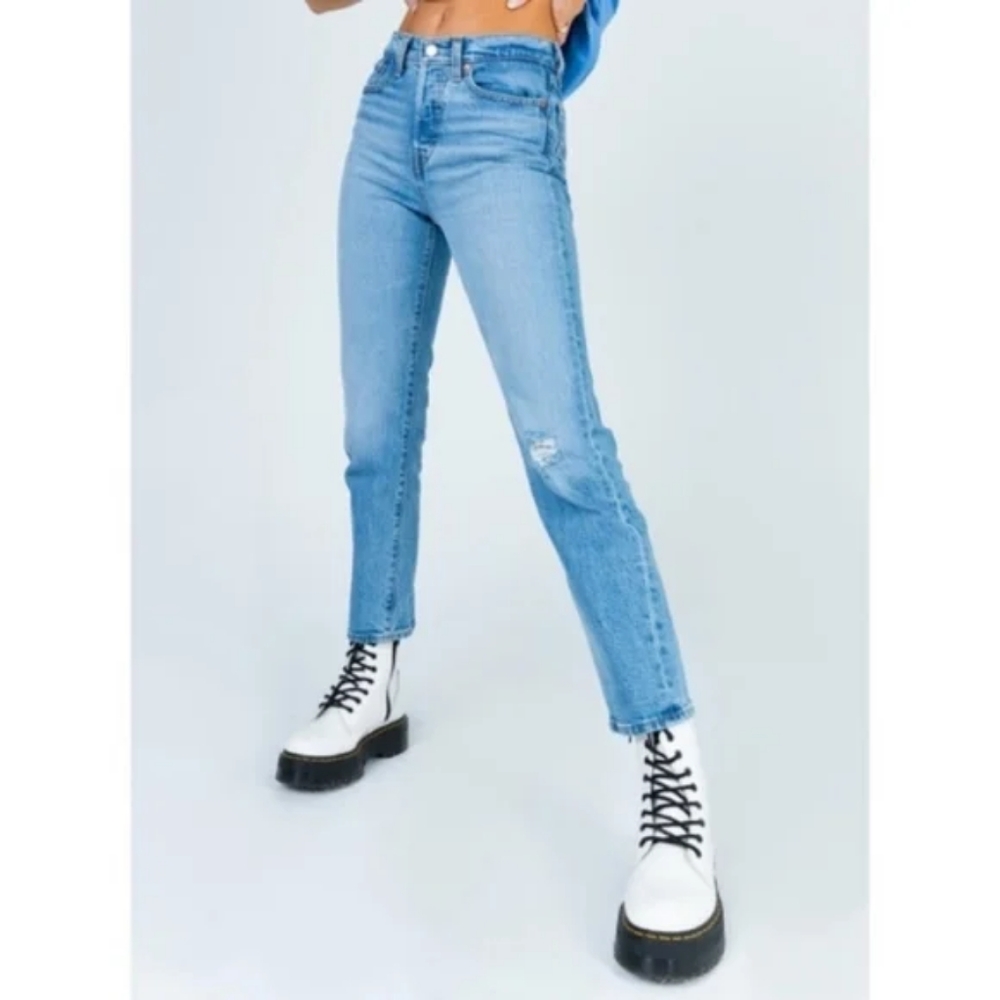 Levi's Wedgie Crop Straight Leg Jeans Distressed Tango Blue - Picture 8 of 16